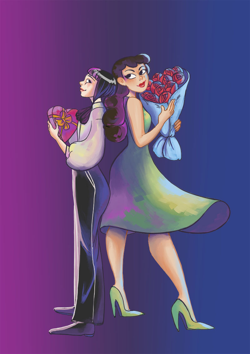 Ai and Aki standing back to pack, Ai holding a chocolate box heart and aki holding a bouquet of red roses. The background is a gradient purple to blue.